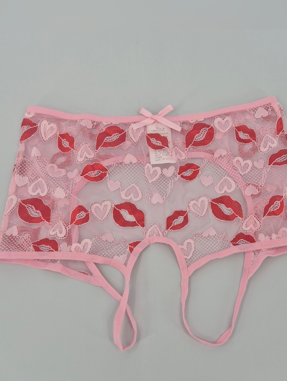 Crotchless Panty Pink Lace Design Red Lipstick Kiss Pattern Size MED